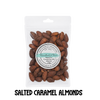 Packaged salted caramel almonds with a visible brand label on a clear background