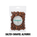 Packaged salted caramel almonds with a visible brand label on a clear background