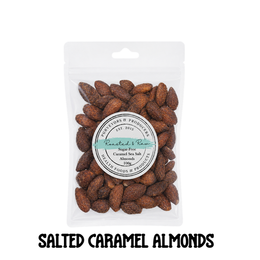 Packaged salted caramel almonds with a visible brand label on a clear background