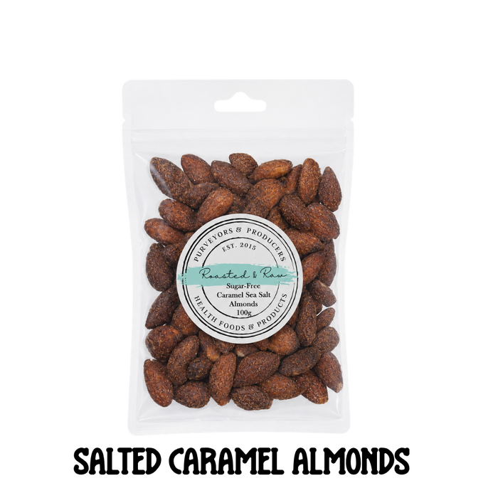 Packaged salted caramel almonds with a visible brand label on a clear background