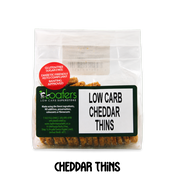 packet and display of low carb gluten free no added sugar cheddar cheese cracker snacks. Suitable for Diabetics, Keto and Banting