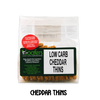 packet and display of low carb gluten free no added sugar cheddar cheese cracker snacks. Suitable for Diabetics, Keto and Banting