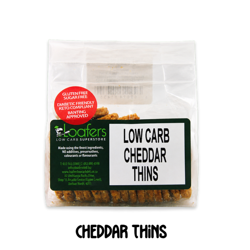 packet and display of low carb gluten free no added sugar cheddar cheese cracker snacks. Suitable for Diabetics, Keto and Banting