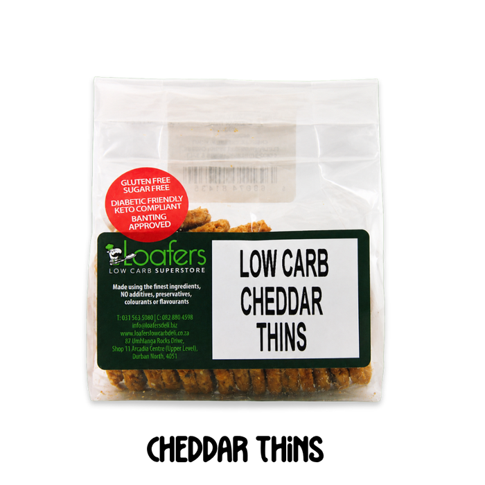 packet and display of low carb gluten free no added sugar cheddar cheese cracker snacks. Suitable for Diabetics, Keto and Banting