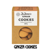 Package of ZuZanna's Sugarfree Ginger Cookies with a clear window showing cookies inside on a clear background.
