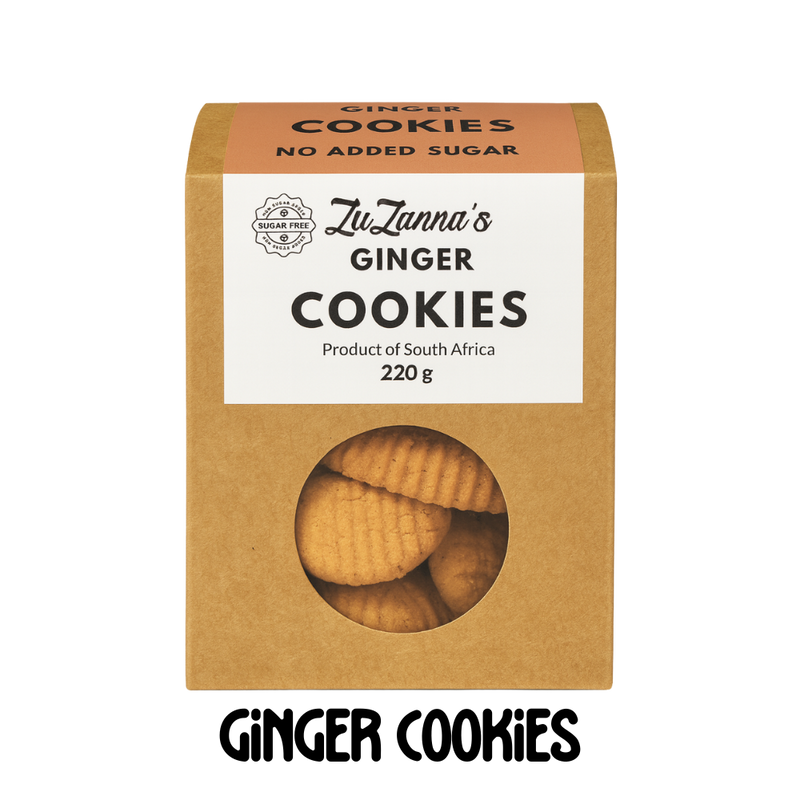 Package of ZuZanna's Sugarfree Ginger Cookies with a clear window showing cookies inside on a clear background.
