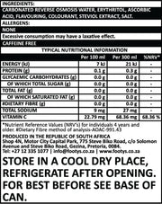 Nutritional information and ingredient list for a 300ml sugarfree soda can by Footy's