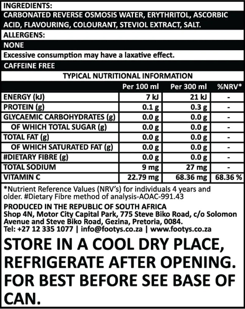 Nutritional information and ingredient list for a 300ml sugarfree soda can by Footy's