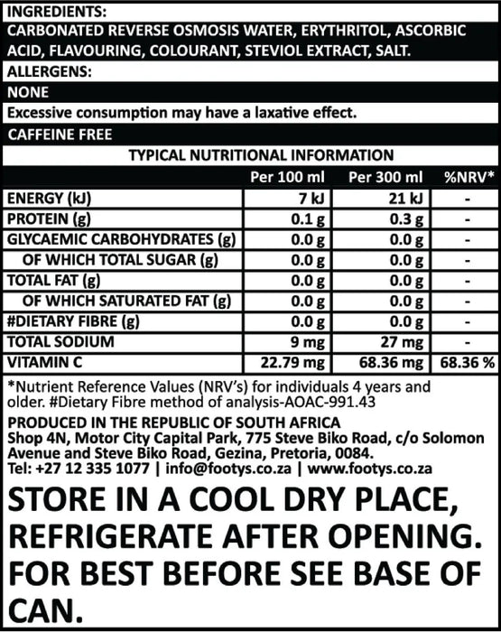 Nutritional information and ingredient list for a 300ml sugarfree soda can by Footy's