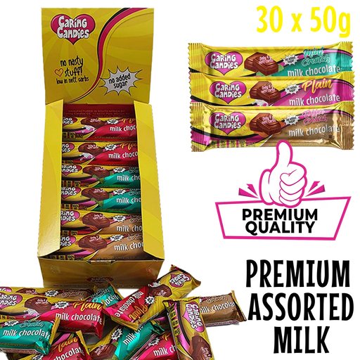 box of premium sugarfree assorted milk chocolates by caring candies