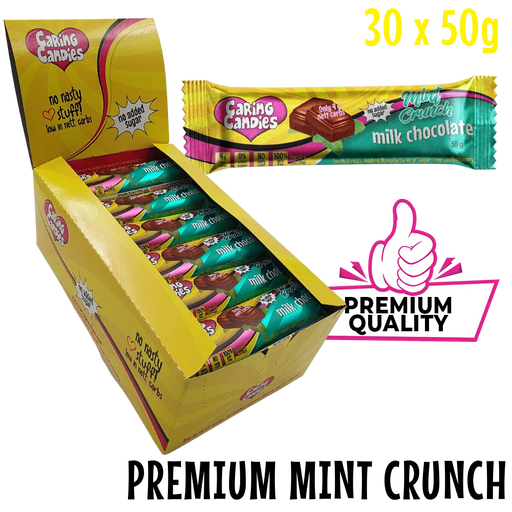 Box of premium quality sugarfree Caring Candies milk chocolate with mint flavoured crunch with a single bar displayed.