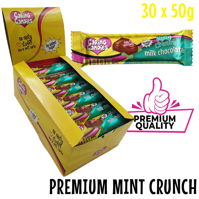 Box of premium quality sugarfree Caring Candies milk chocolate with mint flavoured crunch with a single bar displayed.