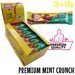 Box of premium quality sugarfree Caring Candies milk chocolate with mint flavoured crunch with a single bar displayed.