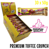 Box of premium quality sugarfree Caring Candies milk chocolate with toffee flavoured crunch with a single bar displayed.