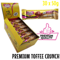 Box of premium quality sugarfree Caring Candies milk chocolate with toffee flavoured crunch with a single bar displayed.