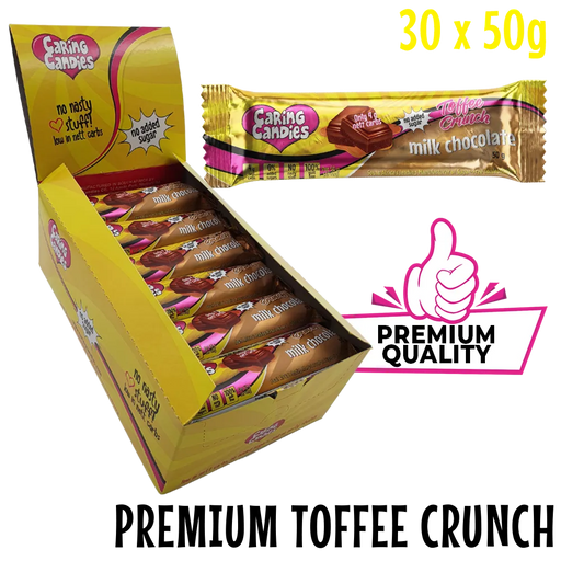 Box of premium quality sugarfree Caring Candies milk chocolate with toffee flavoured crunch with a single bar displayed.