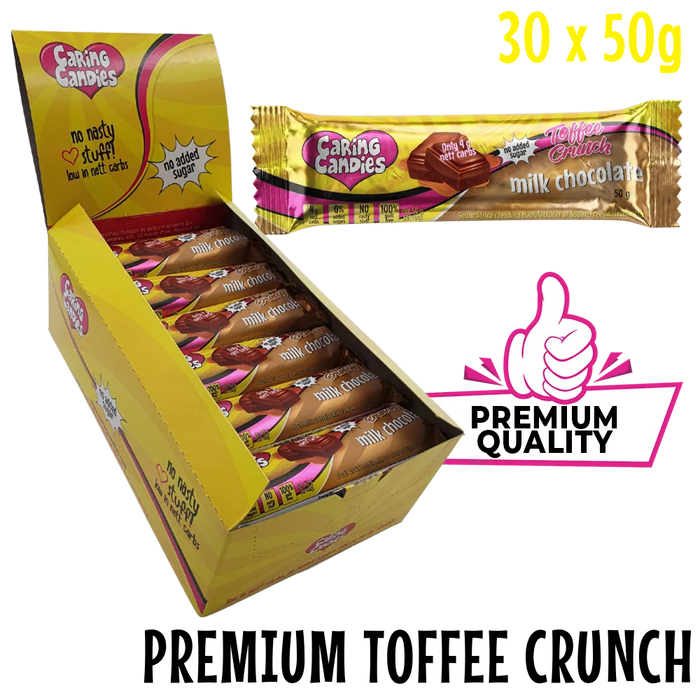 Box of premium quality sugarfree Caring Candies milk chocolate with toffee flavoured crunch with a single bar displayed.
