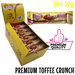 Box of premium quality sugarfree Caring Candies milk chocolate with toffee flavoured crunch with a single bar displayed.