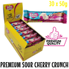 bulk shipper carton showing 30x50g premium sugarfree white chocolate bars with sour cherry candy crunch  by caring candies