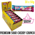 bulk shipper carton showing 30x50g premium sugarfree white chocolate bars with sour cherry candy crunch  by caring candies
