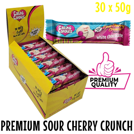 bulk shipper carton showing 30x50g premium sugarfree white chocolate bars with sour cherry candy crunch  by caring candies
