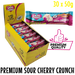 bulk shipper carton showing 30x50g premium sugarfree white chocolate bars with sour cherry candy crunch  by caring candies