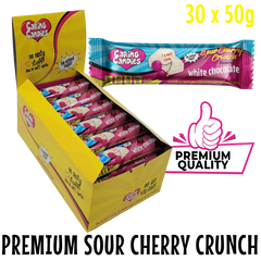 Chocolate: 30x50g | WHITE with SOUR CHERRY Crunch