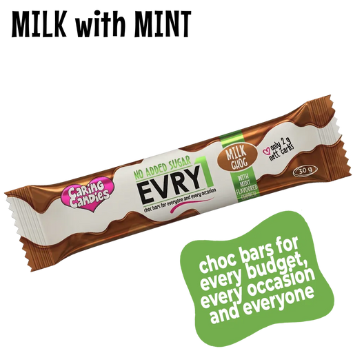 budget-friendly milk sugarfree chocolate bar with peppermint flavoured candy crunch by caring candies showing no added sugar and only 2g nett carbs text