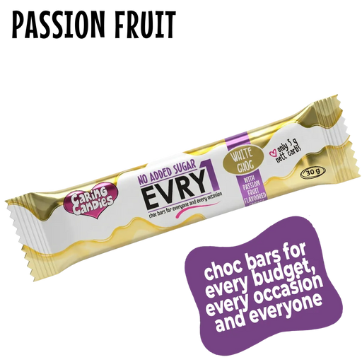 budget-friendly white sugarfree chocolate bar with passion fruit flavoured candy crunch by caring candies showing no added sugar and only 3g nett carbs text