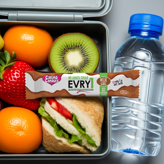 Lunchbox with sandwich, fruits, and a bottle of water, featuring an EVRY sugar-free milk chocolate bar.