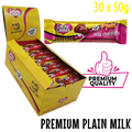 Box of premium quality sugarfree Caring Candies plain milk chocolate bars with a single bar displayed.