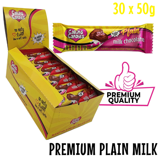Box of premium quality sugarfree Caring Candies plain milk chocolate bars with a single bar displayed.
