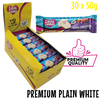 Box of Caring Candies premium sugarfree white chocolate bars with a single bar displayed above.
