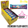 Box of Caring Candies premium sugarfree white chocolate bars with a single bar displayed above.