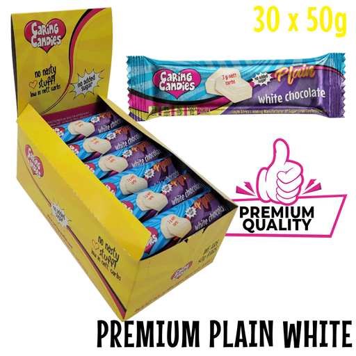Box of Caring Candies premium sugarfree white chocolate bars with a single bar displayed above.