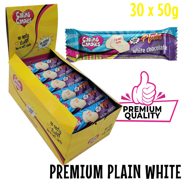 Box of Caring Candies premium sugarfree white chocolate bars with a single bar displayed above.