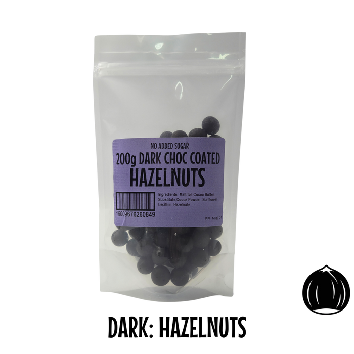 Choc Coated: DARK Coated HAZELNUTS 200g