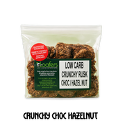 packet of low carb gluten free no added sugar crunchy chocolate hazelnut rusks. Suitable for Diabetics, Keto and Banting