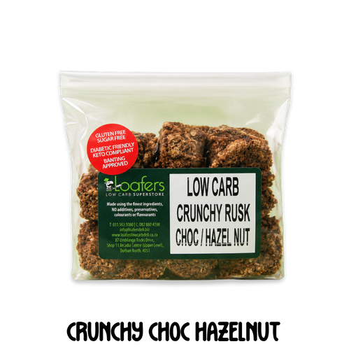 packet of low carb gluten free no added sugar crunchy chocolate hazelnut rusks. Suitable for Diabetics, Keto and Banting