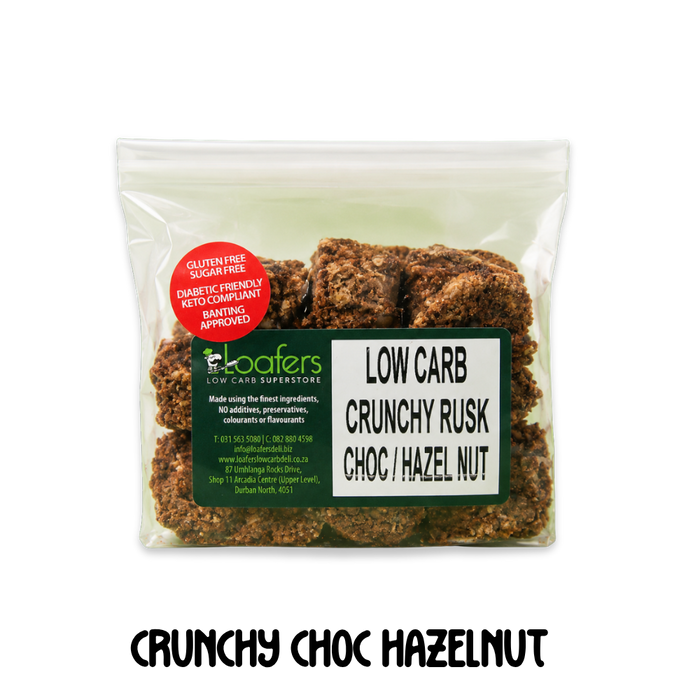 packet of low carb gluten free no added sugar crunchy chocolate hazelnut rusks. Suitable for Diabetics, Keto and Banting