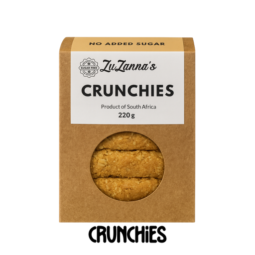 Box of ZuZanna's Sugarfree Crunchies with a clear window showing the cookies inside on a clear background.