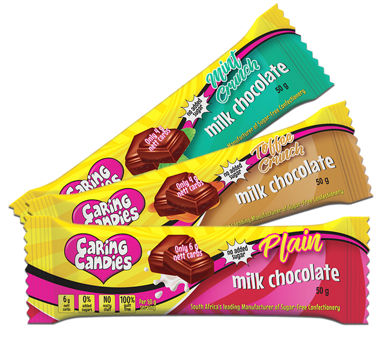 Assorted sugar-free 50g milk chocolate bars from Caring Candies - milk, mint, and toffee flavours. 