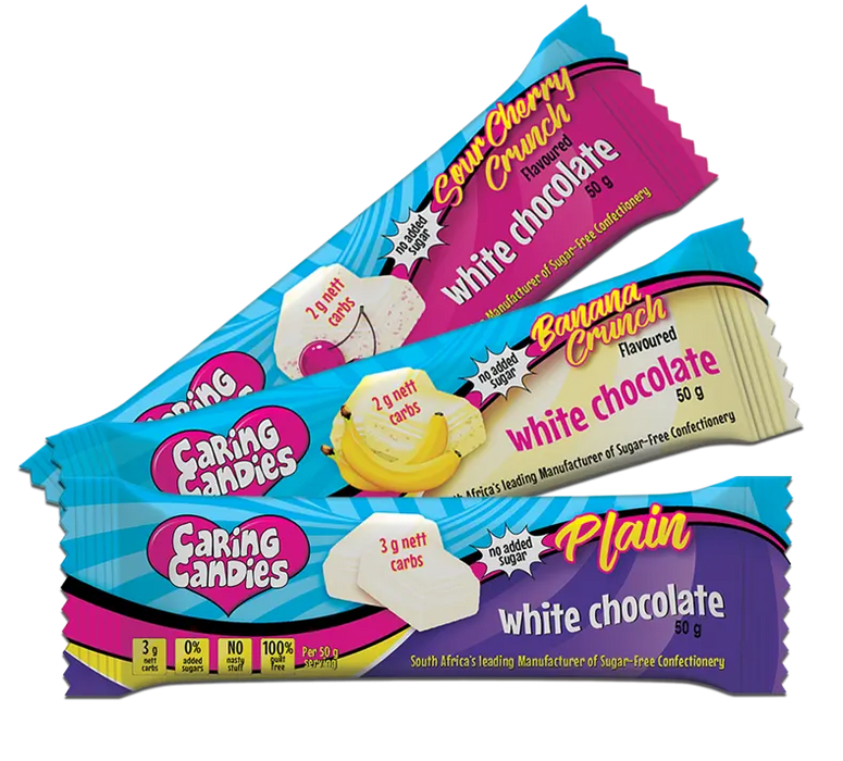 3x50g assorted premium sugarfree white chocolate bars by caring candies