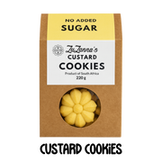 Package of ZuZanna's Sugarfree Custard Cookies with a yellow label indicating no added sugar.