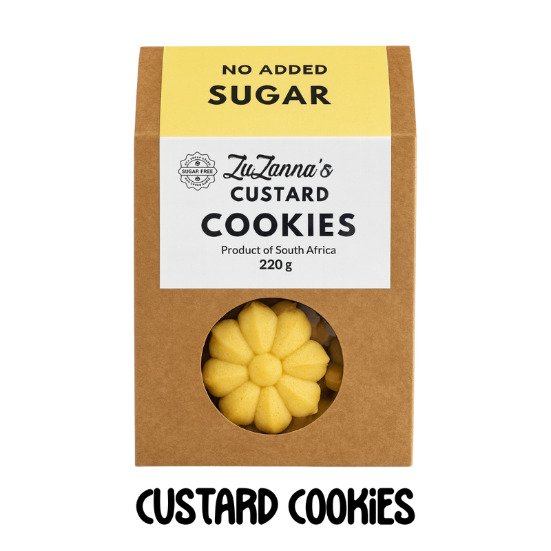 Package of ZuZanna's Sugarfree Custard Cookies with a yellow label indicating no added sugar.