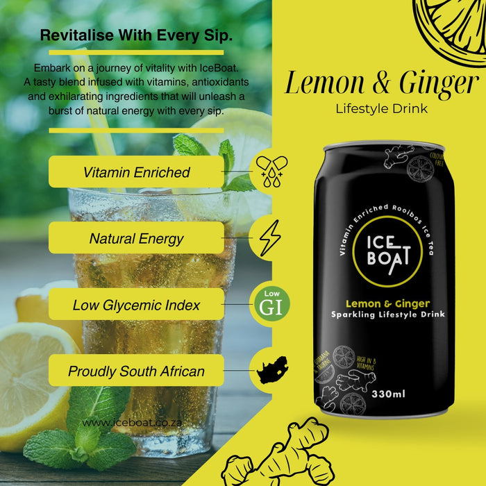 Benefits of 330ml Can of vitamin-enriched sugarfree rooibos tea in lemon & ginger flavour. Rich in anti-oxidants and a natural energy booster