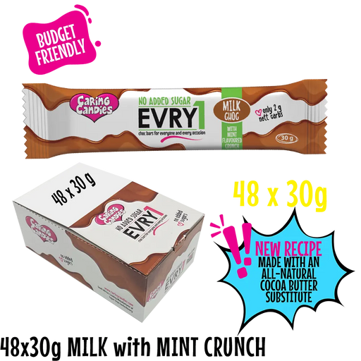 bulk shipper carton showing 48x30g sugarfree evry1 milk chocolate bars with peppermint flavoured crunch by caring candies