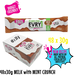bulk shipper carton showing 48x30g sugarfree evry1 milk chocolate bars with peppermint flavoured crunch by caring candies