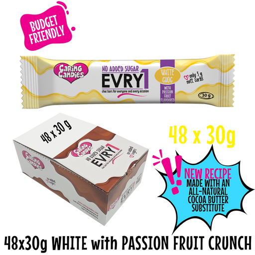 Caring Candies EVRY1 white candy bar with packaging on a white background