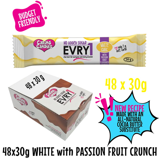 bulk shipper carton showing 48x30g sugarfree evry1 milk chocolate bars with passion fruit flavoured crunch by caring candies